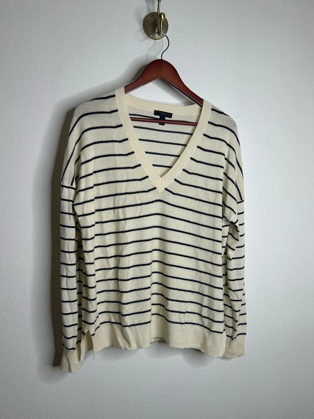 J. Crew Merino Wool Cotton Striped Cream Navy Lightweight V - Neck Sweater